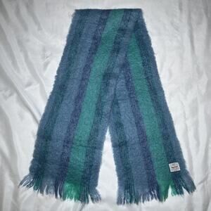 Avoca Handweavers Scarf Mohair Wool Blend Handwoven Blue Striped 58”x10”